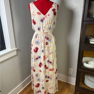Lucky Brand Floral Maxi Dress Sleeveless V-Neck Drawstring Waist Cream S